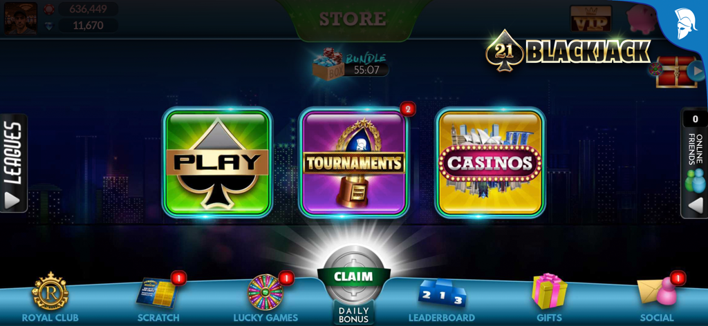 Blackjack 21: Live Casino game - Menu principale del gioco Blackjack 21 Live Casino che mostra le opzioni Gioca, Tornei e Casinò