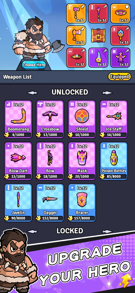 Backpack Fight - Bag Games - A screenshot of Backpack Fight showing the weapon list screen with various unlocked items and a hero upgrade prompt