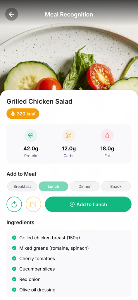 Kaloria - AI Calorie Tracker - Kaloria AI app interface displaying nutritional information for a grilled chicken salad