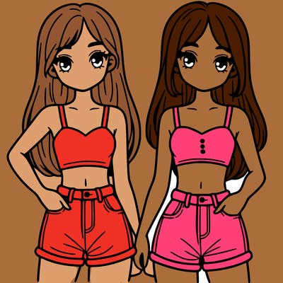 two sisters with crop tops and jean shorts and straight hair