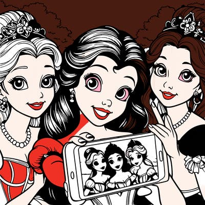 fairytale princesses who take a selfie together realistic