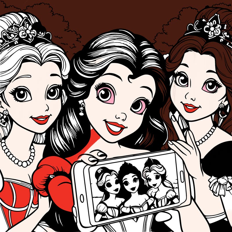 fairytale princesses who take a selfie together realistic