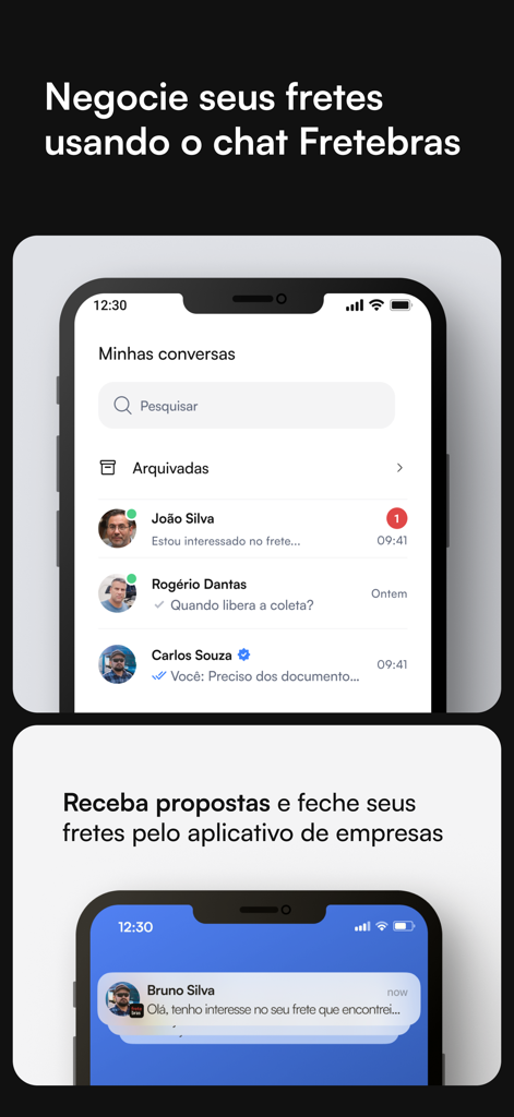 Interfaccia dell'app Fretebras Chat che mostra un elenco di messaggi logistici e una notifica di interesse per il trasporto.