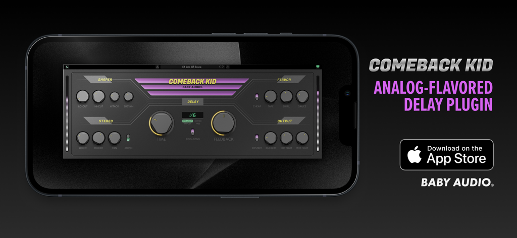 Comeback Kid - Baby Audio - Interface do plugin de delay de sabor analógico Comeback Kid em um smartphone
