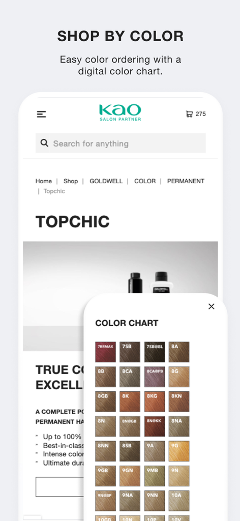 Kao Salon Alliance online shop - Quadro de cores de cabelo digital para pedidos de produtos profissionais de salão no aplicativo Kao Salon Alliance