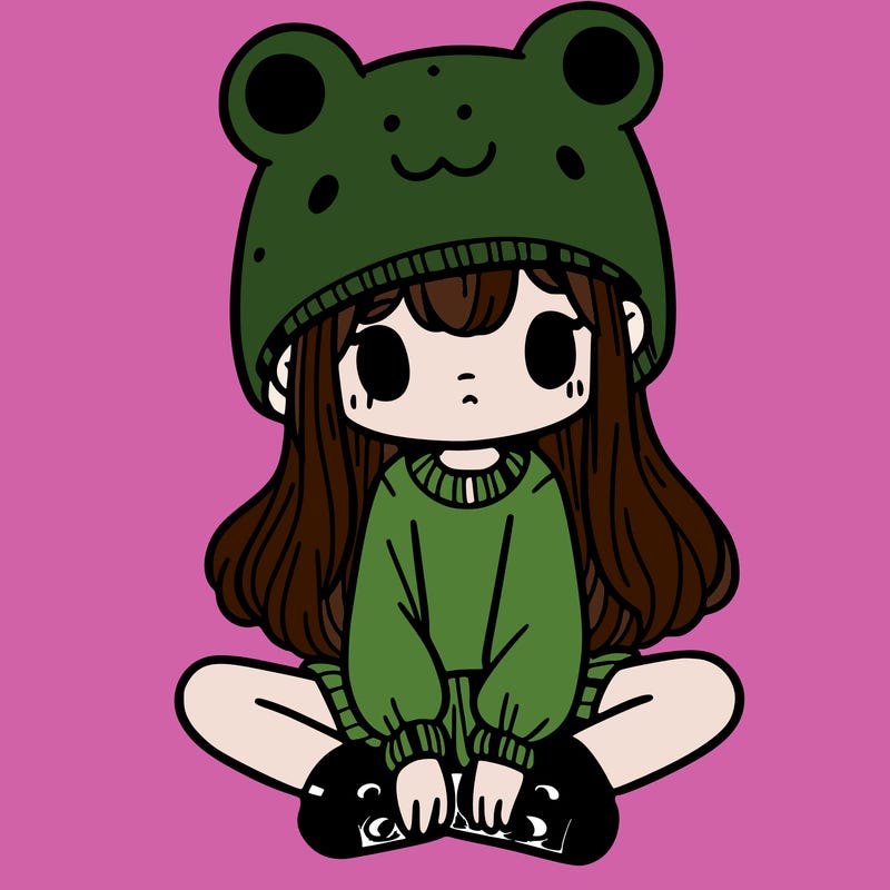a girl wearing a frog hat and some frog socks
