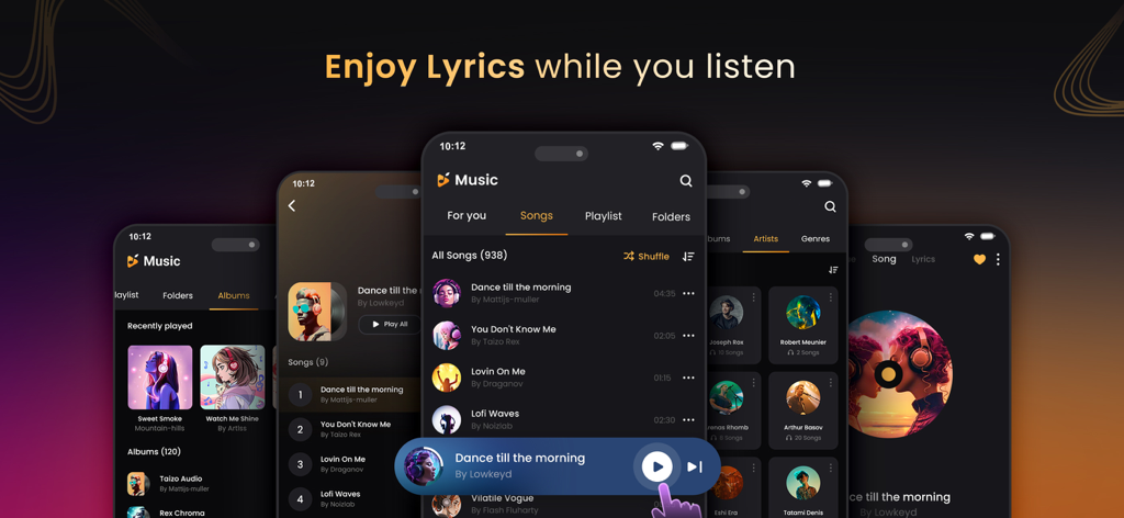 Music Player & MP3 Player ‣ - Varias pantallas móviles que muestran la interfaz de usuario de una aplicación de reproductor de música con listas de canciones, carátulas de álbumes y letras