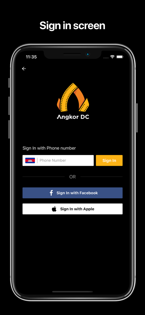 The sign in screen for the Angkor DC mobile app showing login options via phone number Facebook and Apple
