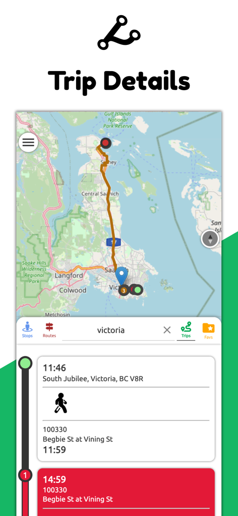 Victoria Transit BC - Victoria Transit BC app interface showing trip details with a map and route information