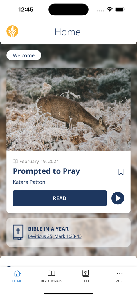 Home screen of the Our Daily Bread app showing a daily devotional titled Prompted to Pray