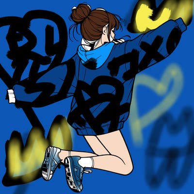 realistic girl jumping with a bun and oversized sweatshirt