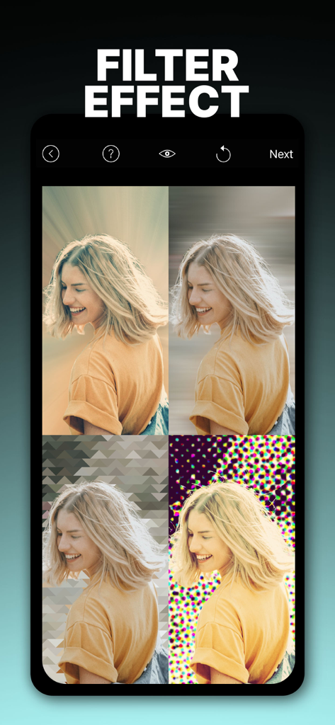 Blur Photo Effect Background - App-Benutzeroberfläche, die vier verschiedene künstlerische Hintergrundfilter-Effekte bei einem Porträt einer Frau zeigt.