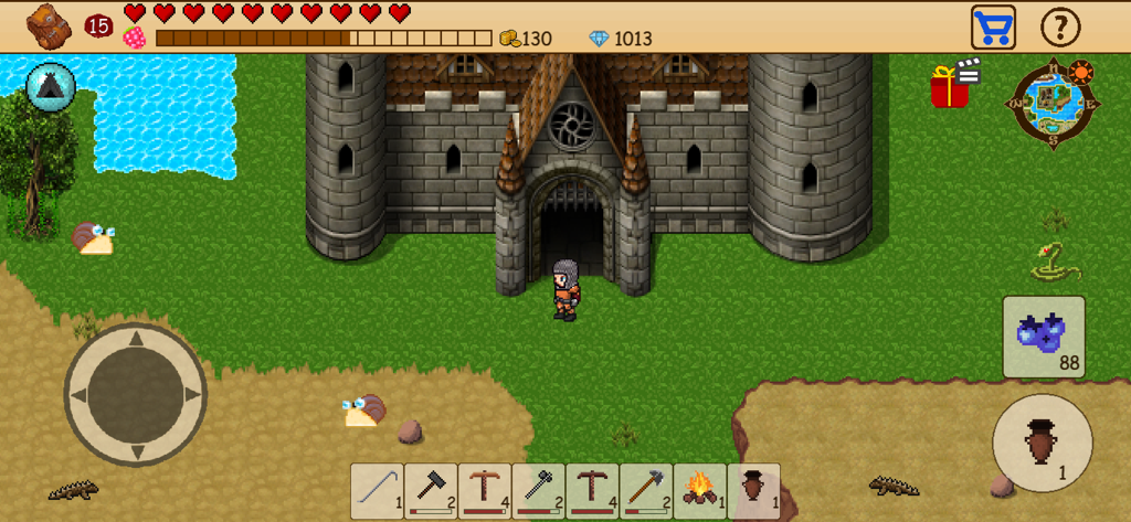 Survival RPG: Open World Pixel - Character exploring a medieval stone castle in the 2D pixel art game Survival RPG