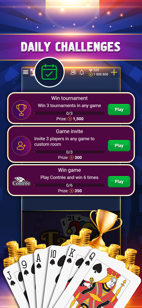 Une liste de défis quotidiens dans l'application VIP Belote montrant diverses tâches et des prix en jetons pour les joueurs de jeux de cartes