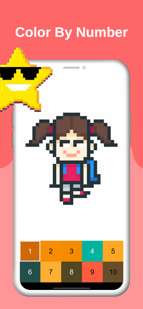Sprite : Pixel Art Creator - Un personaje de chica pixel art en la interfaz de la aplicación Sprite Color By Number con una paleta de colores numerada
