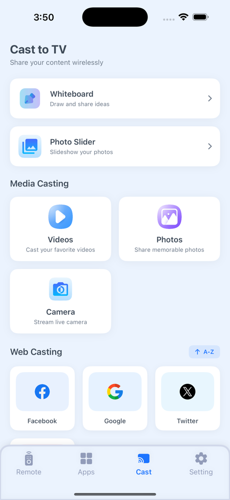 Menú principal de la aplicación Smart View mostrando opciones para transmitir medios y contenido web a un televisor Samsung