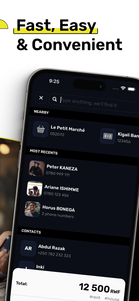 Faranga – Fast Mobile Money - Faranga app interface showing contact search recent transactions and a total amount in Rwandan Francs