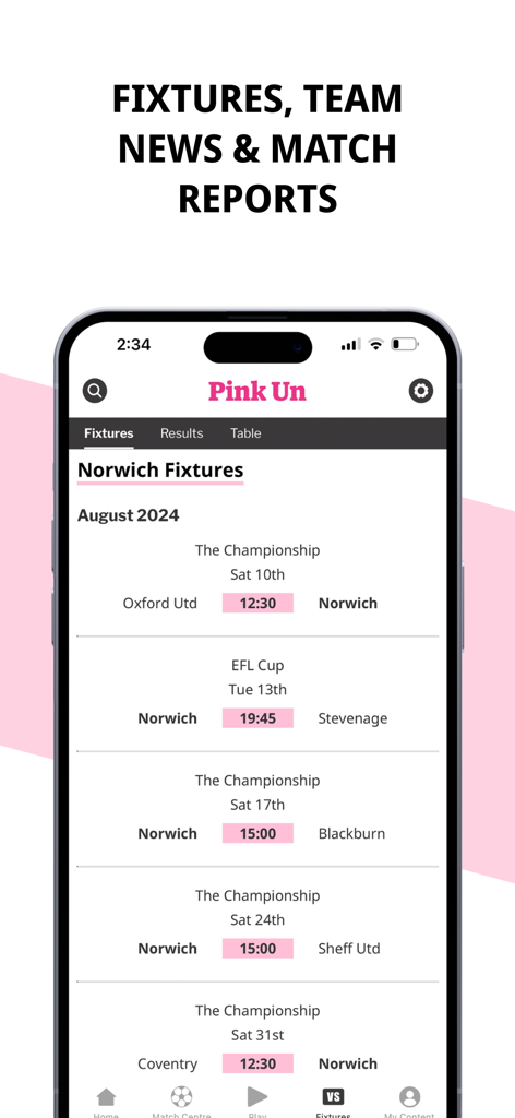 The Pink Un - The Pink Un app interface showing Norwich City FC fixtures and match reports.