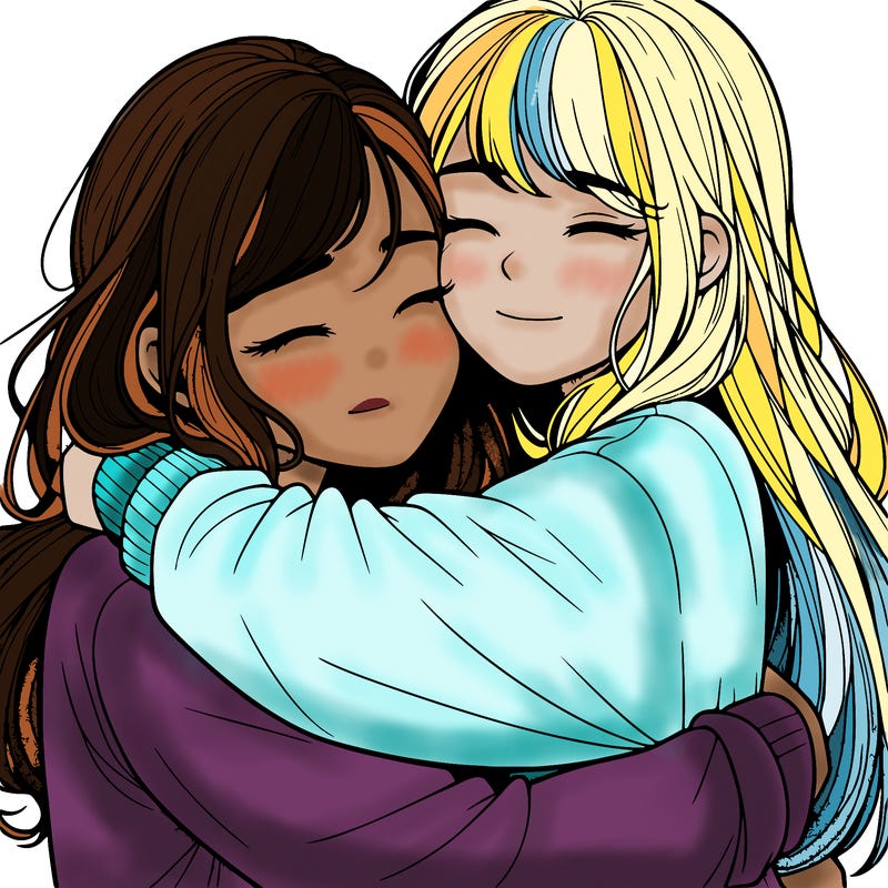 realistic two girls hugging