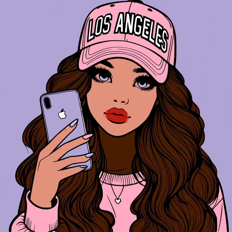 realistic beautiful girl wearing los ángeles cap holding an iphone