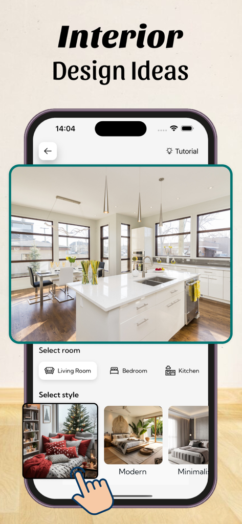 KI-Innenarchitektur-App-Oberfläche zur Auswahl von Raumtypen und Dekorationsstilen