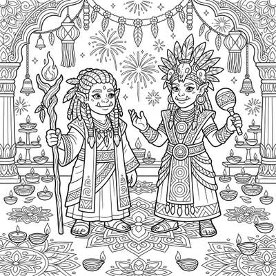 Dive into a truly unique celebration with this coloring page featuring two Orc Shamans immersed in the Diwali festival. Adorned in traditional attire, they are surrounded by the glow of diyas, intricate rangoli, and bursts of fireworks, awaiting your vibrant colors.