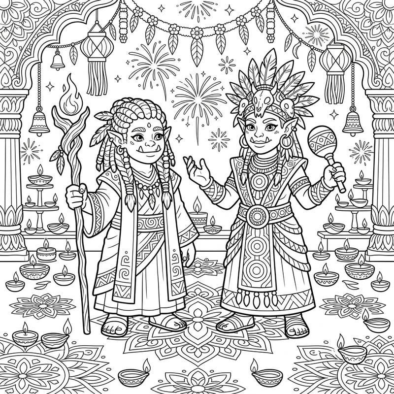 Dive into a truly unique celebration with this coloring page featuring two Orc Shamans immersed in the Diwali festival. Adorned in traditional attire, they are surrounded by the glow of diyas, intricate rangoli, and bursts of fireworks, awaiting your vibrant colors.