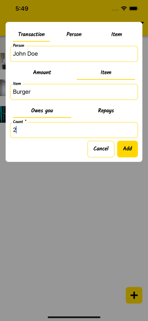 Debes: Who owes me? Do I owe? - Form to record a debt of two burgers from John Doe in the Debes app