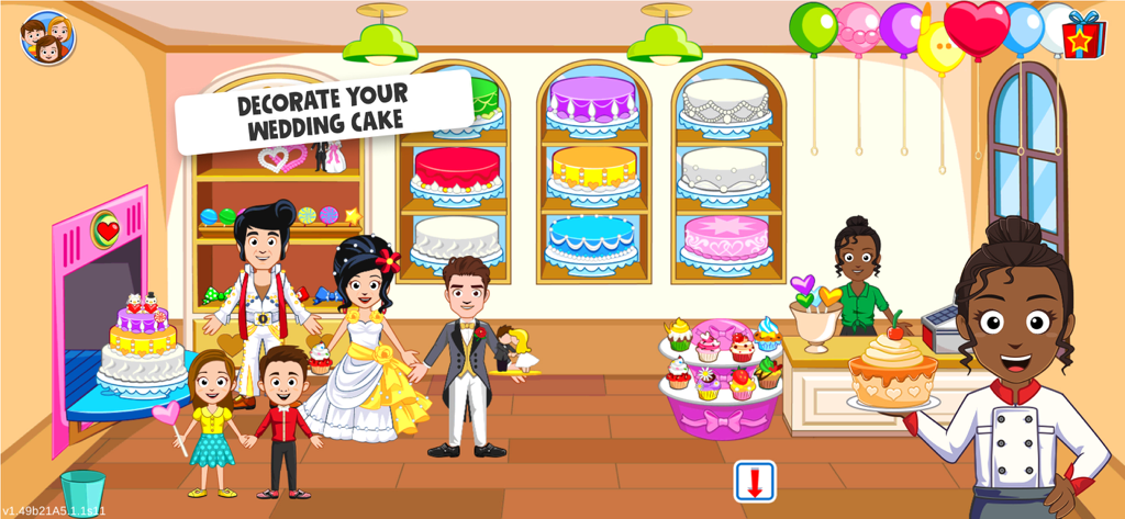 A group of characters in a bakery with many colorful wedding cakes on display