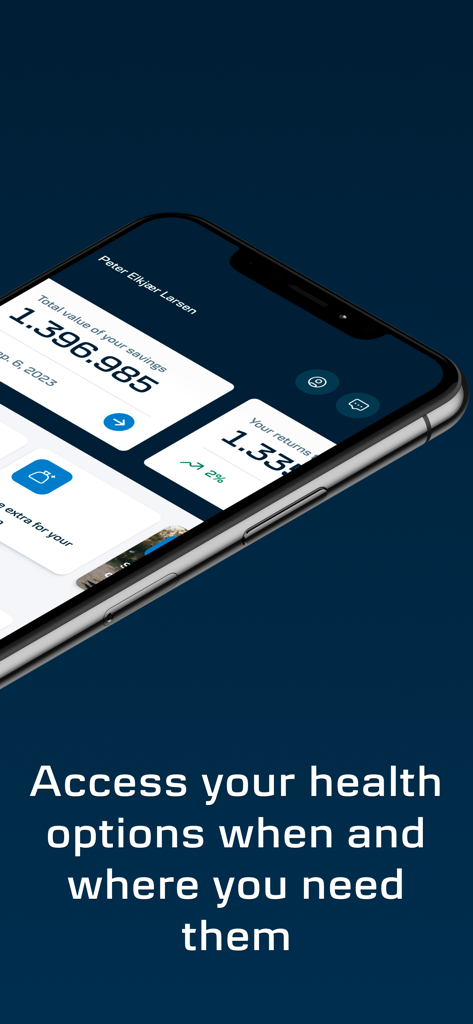 Mobilpension - Danica Pension - Mobilpensionアプリのインターフェース、貯蓄残高と健康オプションへのアクセスが表示されています