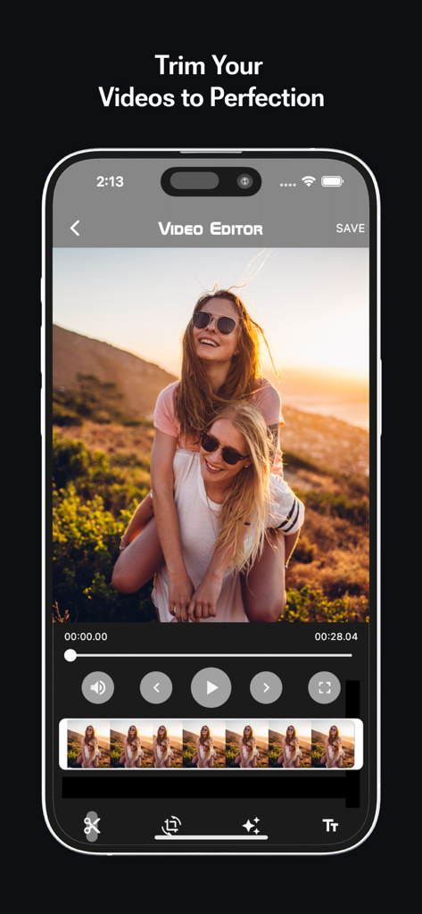 Black Ball 2025 - 트리밍 및 재생 컨트롤이 있는 Black Ball 2025의 동영상 편집기 인터페이스를 보여주는 스마트폰 화면.