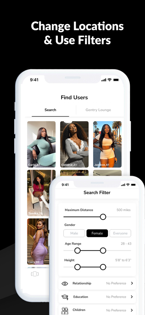BlackGentry: Black Dating App - Interface of BlackGentry dating app showing search filters for location and user profiles of black professionals.