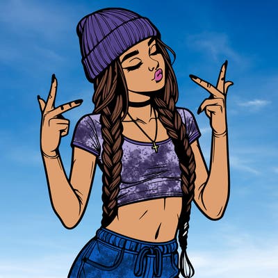 realistic teenage girl with braids and a beanie and crop top doing 🫶🏼