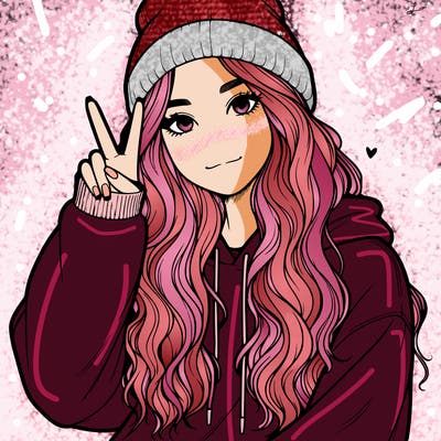 a teenage girl in a beanie, oversized sweatshirt, wavy long hair, and is showing a ✌️