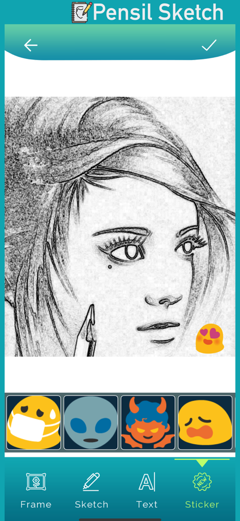 Pensil Sketch Art : SketchSnap - A pencil sketch portrait of a woman with emoji sticker options in the SketchSnap app.