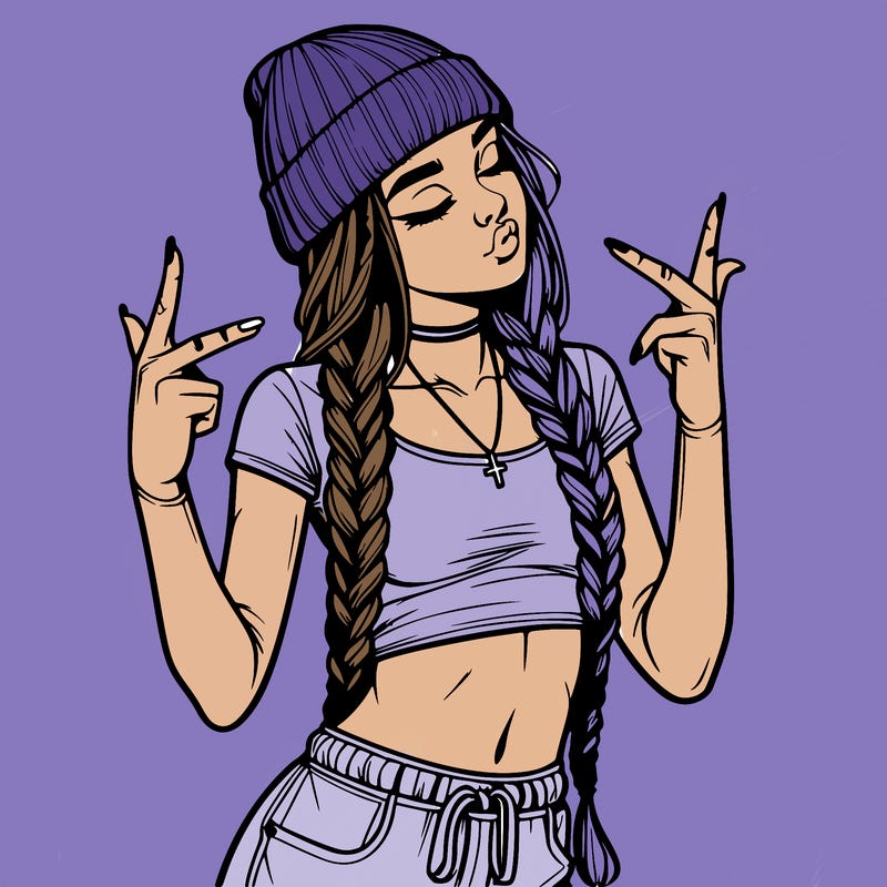 realistic teenage girl with braids and a beanie and crop top doing 🫶🏼