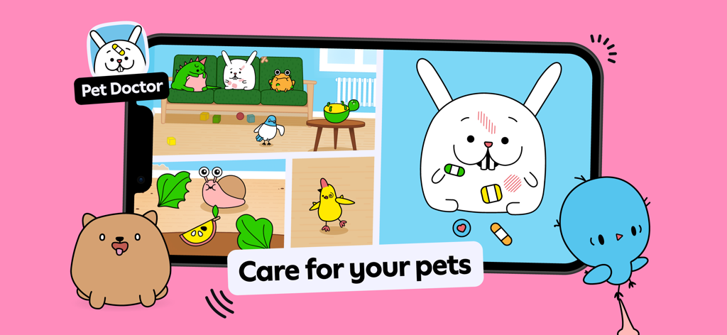 Toca Boca Jr - Uma interface amigável do Toca Boca Jr mostrando o jogo Pet Doctor onde os jogadores cuidam de animais de desenho animados doentes
