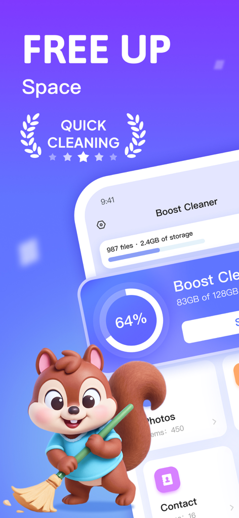 Boost Cleaner - Boost Cleaner app interface displaying storage status and a cute squirrel mascot with a broom