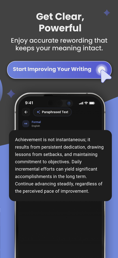 AI Paraphraser: Rephrase App - Interfaz de la aplicación AI Paraphraser que muestra un párrafo reescrito formalmente en una pantalla de smartphone con un botón para comenzar a mejorar la escritura