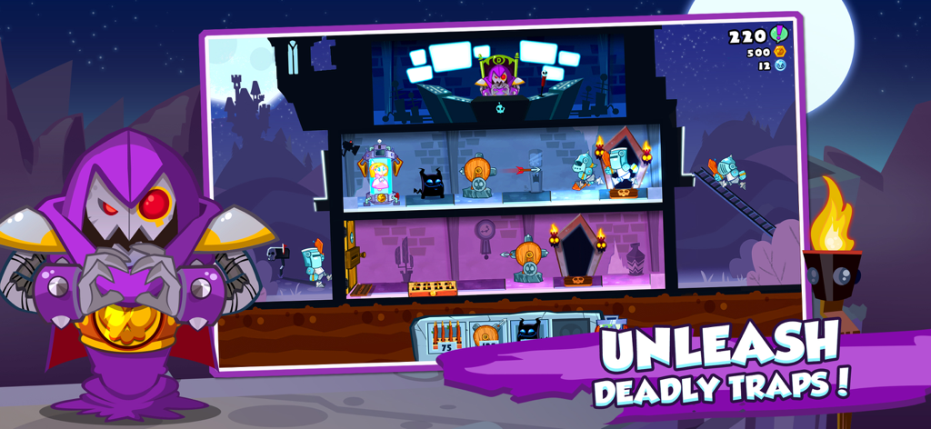 Castle Doombad: Free To Slay - Castle Doombad gameplay showing strategic trap placement and invading heroes in a villainous lair