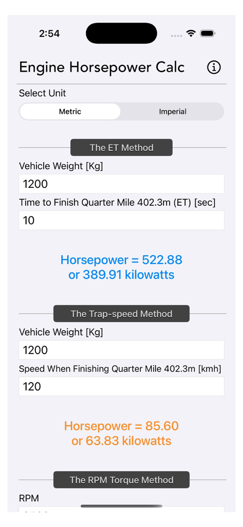Mobile interface of the Engine Horsepower Calculator app showing results for ET and Trap speed calculation methods
