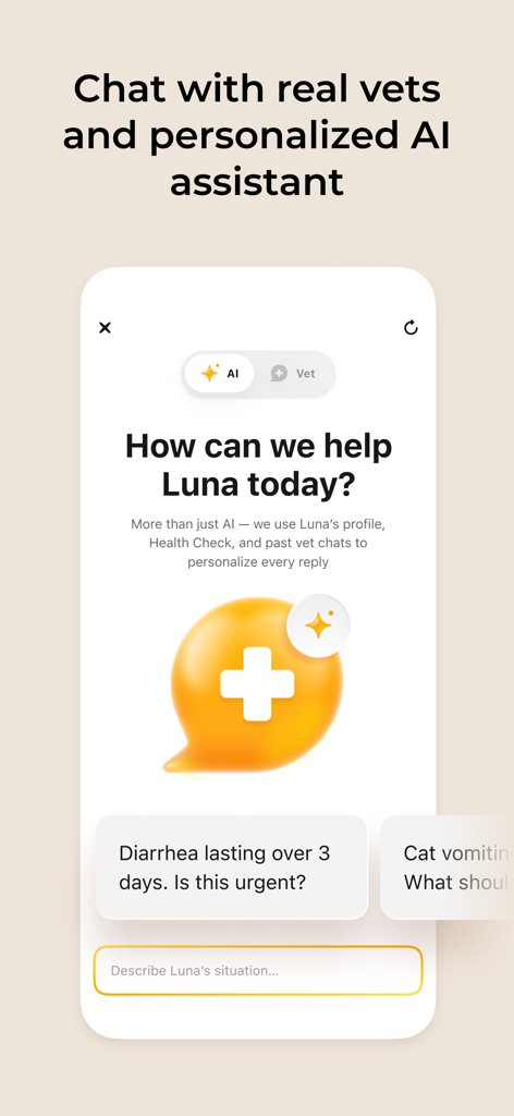 Petcube - Petcube app screen showing the AI health assistant and licensed vet chat interface for pet health guidance.