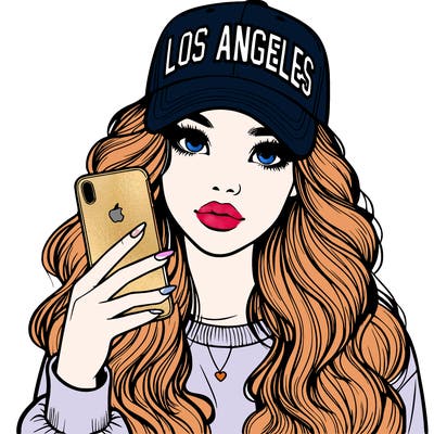 realistic beautiful girl wearing los ángeles cap holding an iphone