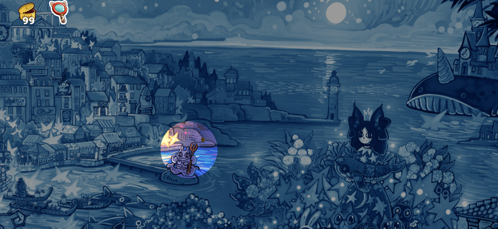 迷途猫的灵魂碎片 - Eine gemütliche handgezeichnete blaue Fantasy-Szene mit einer Katzenfigur und einem riesigen Wal aus dem Spiel Stray Cat's Soul Fragments.