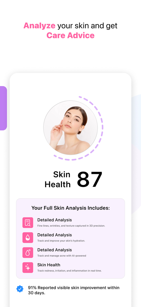 The Skincare Scanner - Derma - A mobile screen showing a skin health score of eighty seven with detailed analysis for wrinkles hydration acne and redness