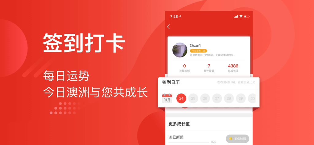 今日澳洲-生活信息类App - 今日澳洲アプリのユーザーインターフェース。毎日のチェックインシステムと報酬ポイントが表示されています。