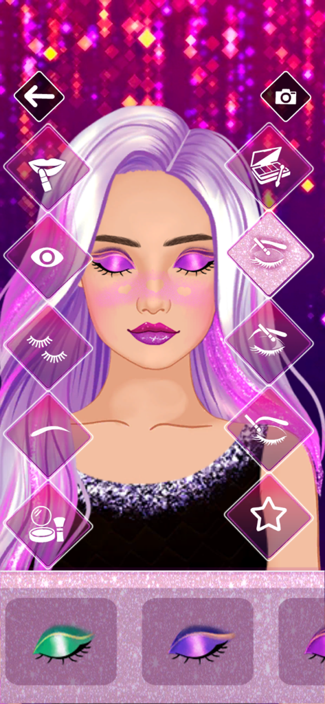 Sparkle Me - Makeover game - Sparkle Meのメイクオーバーゲームインターフェース、紫色の髪の女の子ときらめくアイシャドウのオプションが表示されています