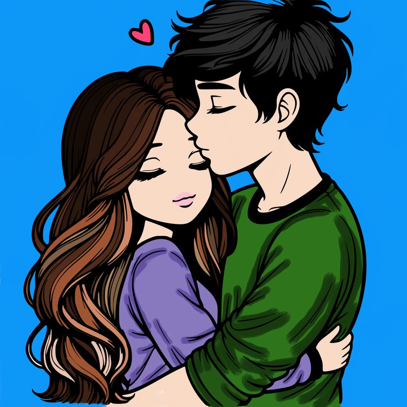 a realistic couple boy and girl hugging and kissing