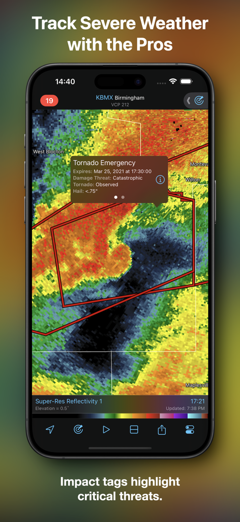 RadarScope - RadarScope app displaying a tornado emergency impact tag on a weather radar map.
