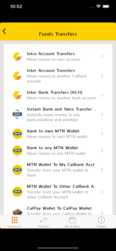 CalBank App - The funds transfer menu of the CalBank app displaying various transaction options including bank transfers and MTN mobile money wallet integration.